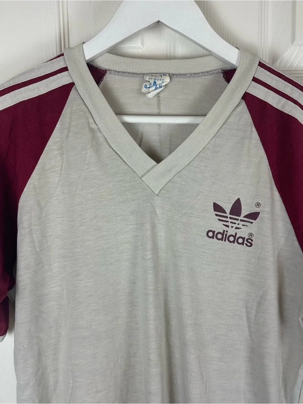 Vintage 80’s Adidas Gray Tee with Burgundy Raglan Sleeves and Trefoil Logo